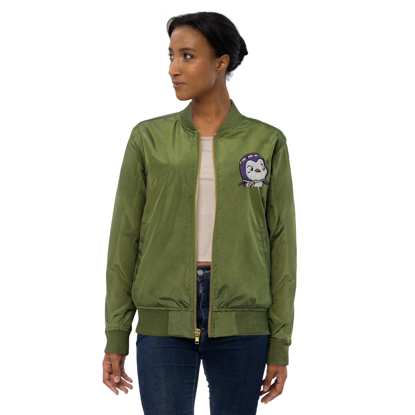 Chunky Penguin Bomb Dropper - Animal PFP Collection - Premium recycled bomber jacket JclustersShoppeofFineWares Army XS