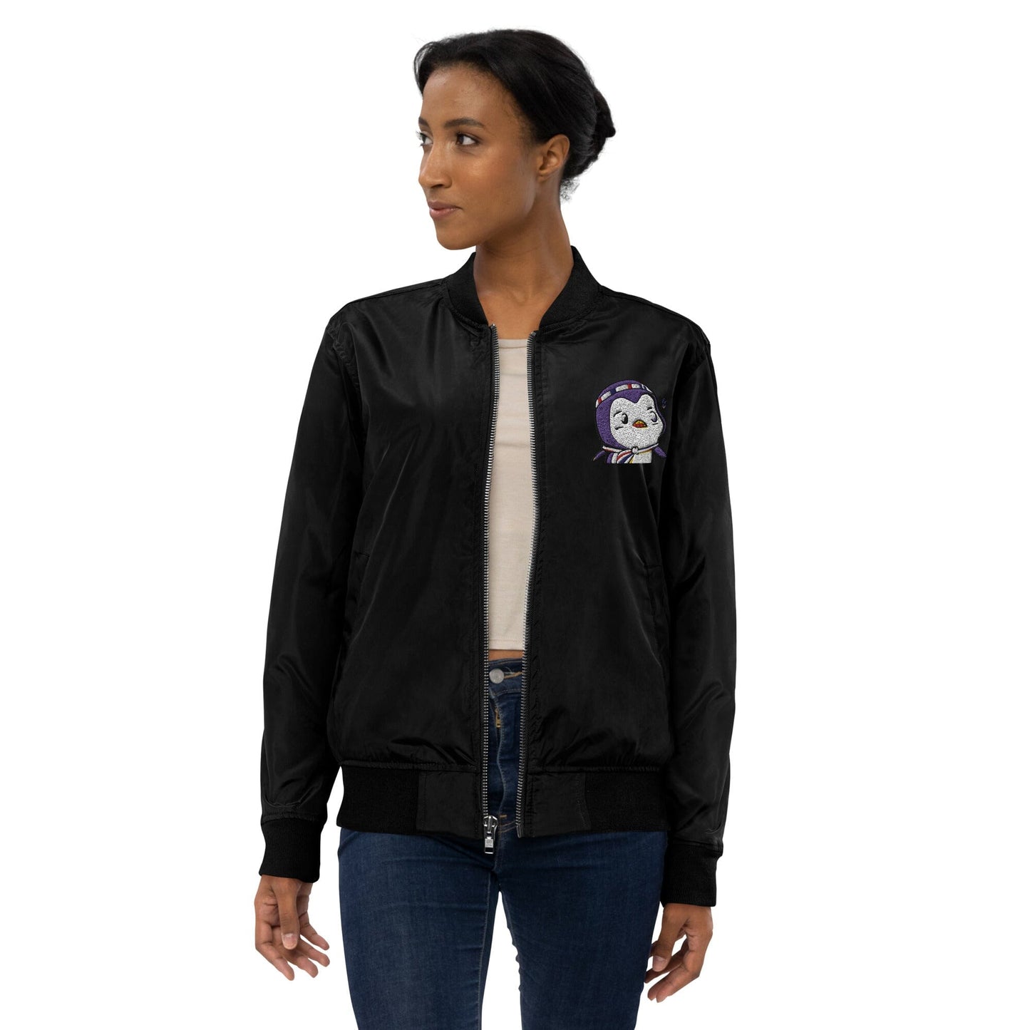 Chunky Penguin Bomb Dropper - Animal PFP Collection - Premium recycled bomber jacket JclustersShoppeofFineWares Black XS