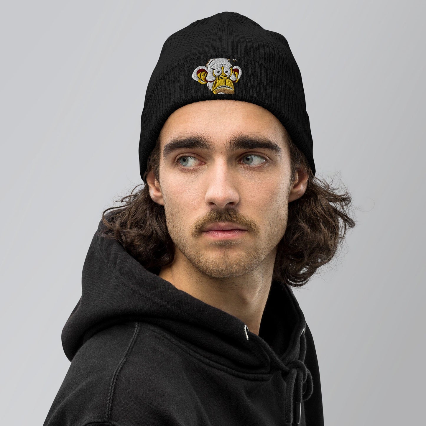 Concerned Ape an beans - Animal PFP Collection - Organic ribbed beanie JclustersShoppeofFineWares Black
