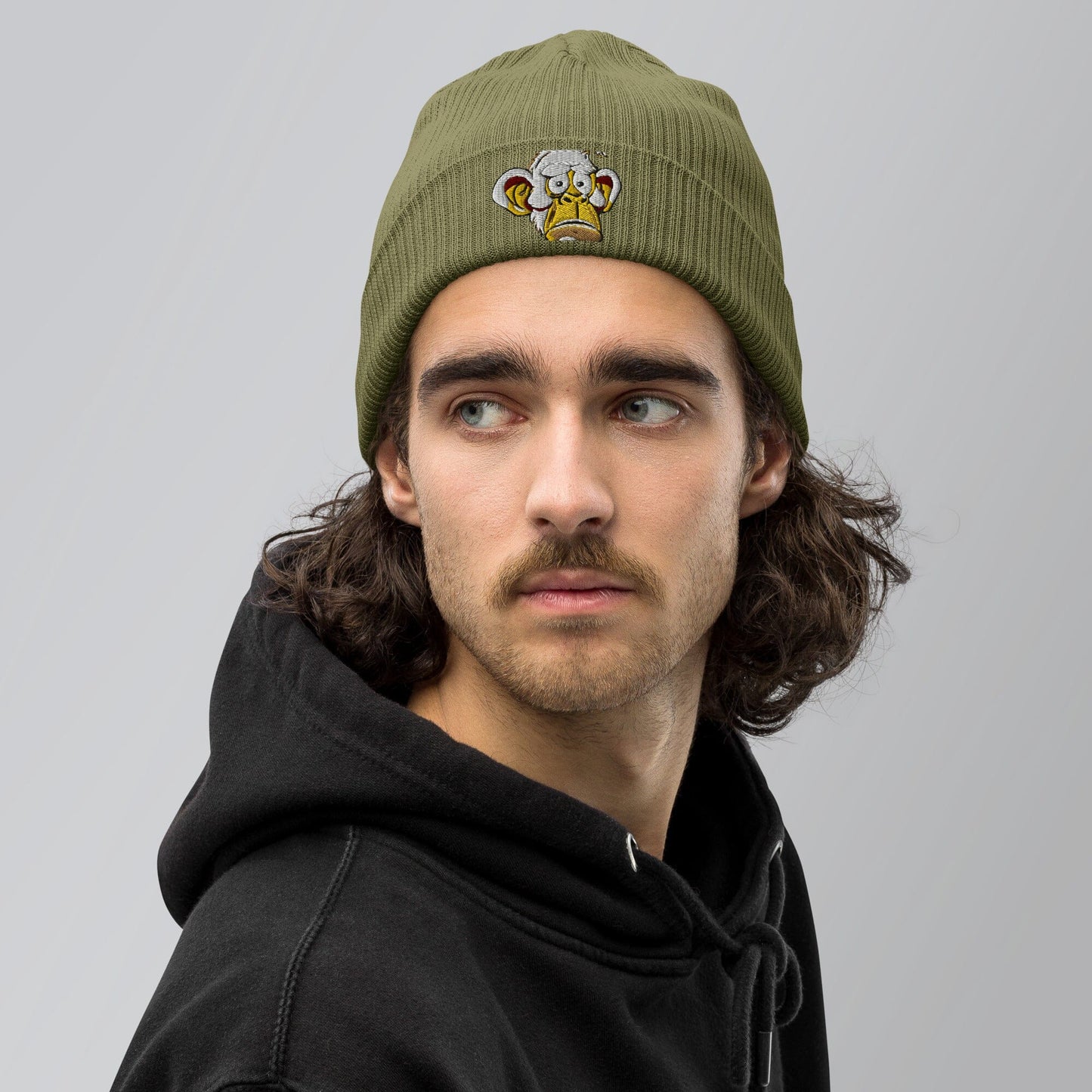 Concerned Ape an beans - Animal PFP Collection - Organic ribbed beanie JclustersShoppeofFineWares Olive Green
