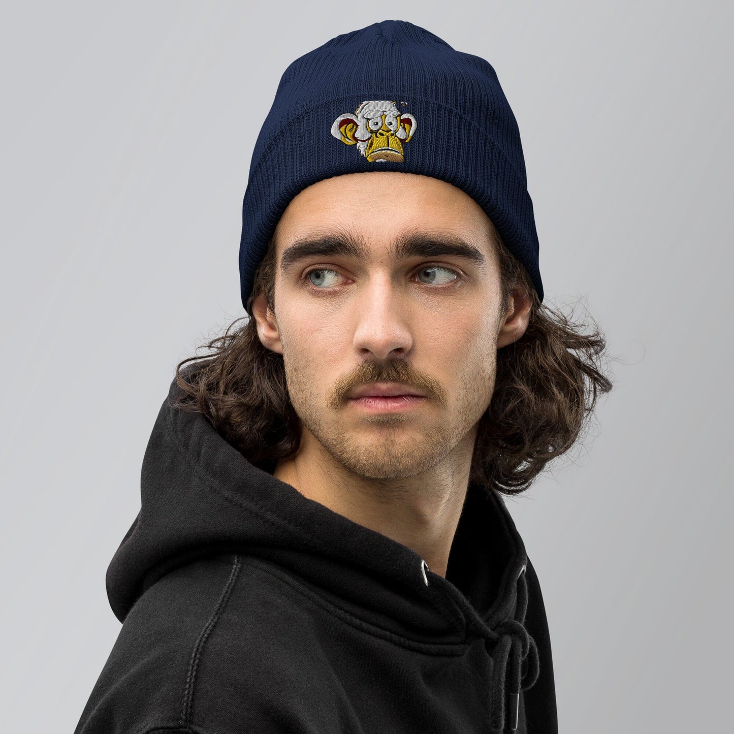 Concerned Ape an beans - Animal PFP Collection - Organic ribbed beanie JclustersShoppeofFineWares Oxford Navy