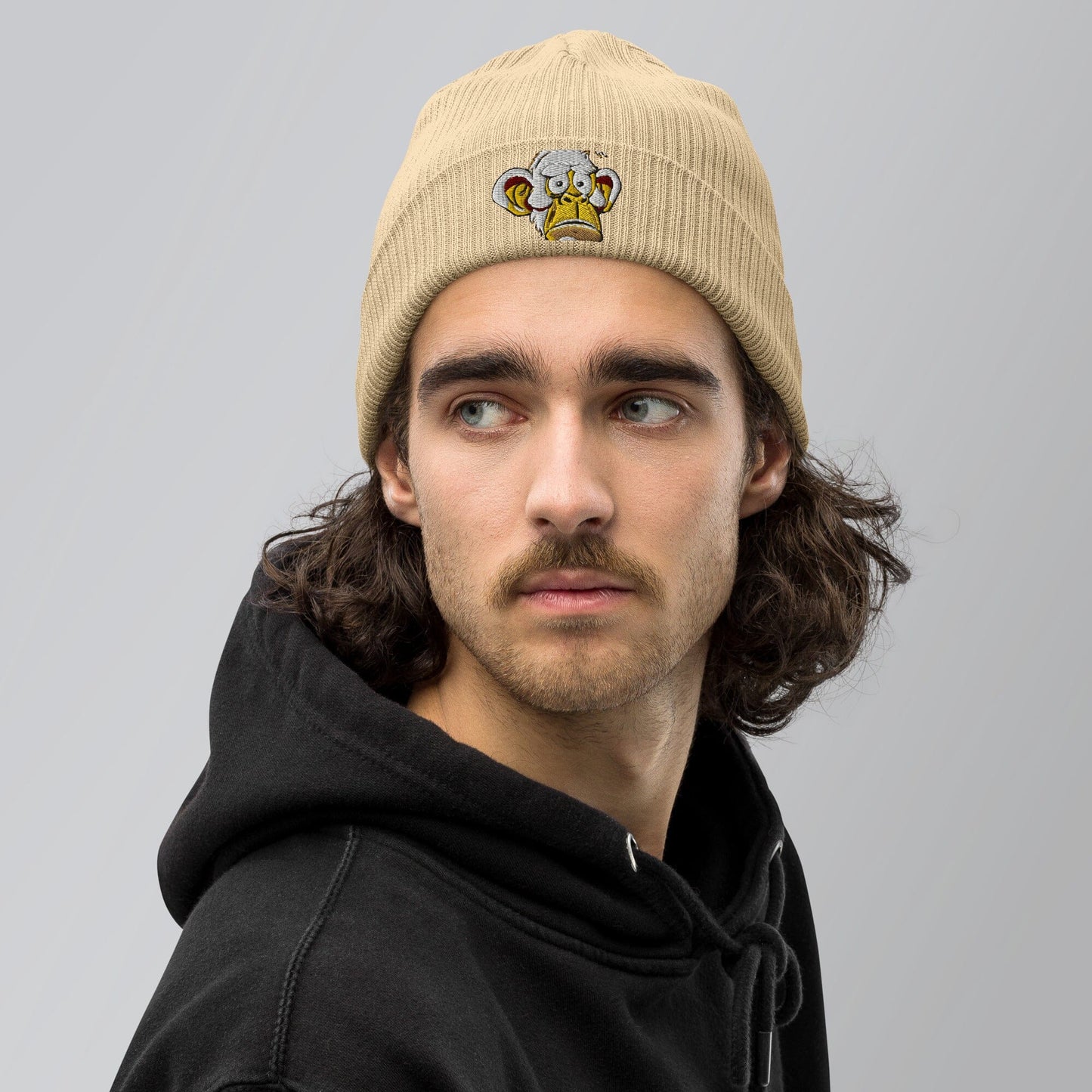 Concerned Ape an beans - Animal PFP Collection - Organic ribbed beanie JclustersShoppeofFineWares Sand