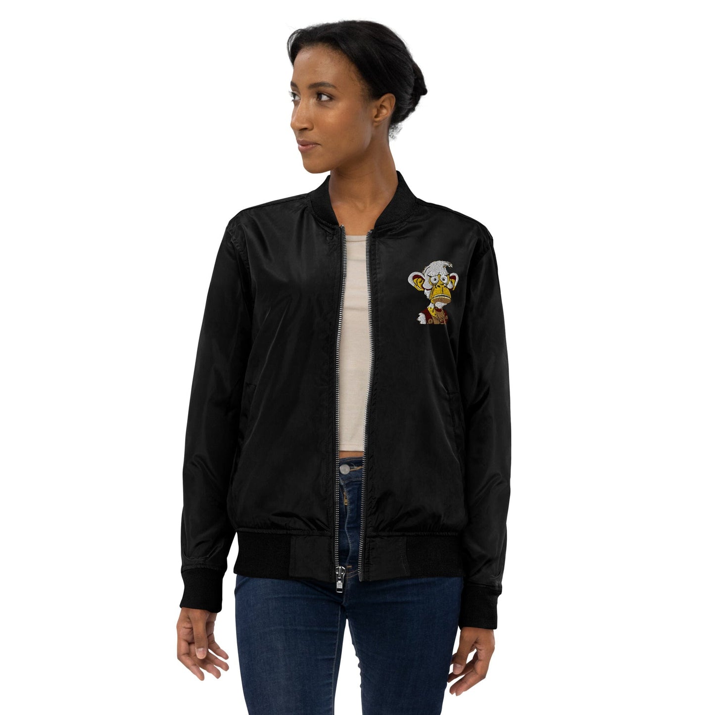 Concerned Ape Bomb Dropper - Animal PFP Collection - Premium recycled bomber jacket JclustersShoppeofFineWares Black XS