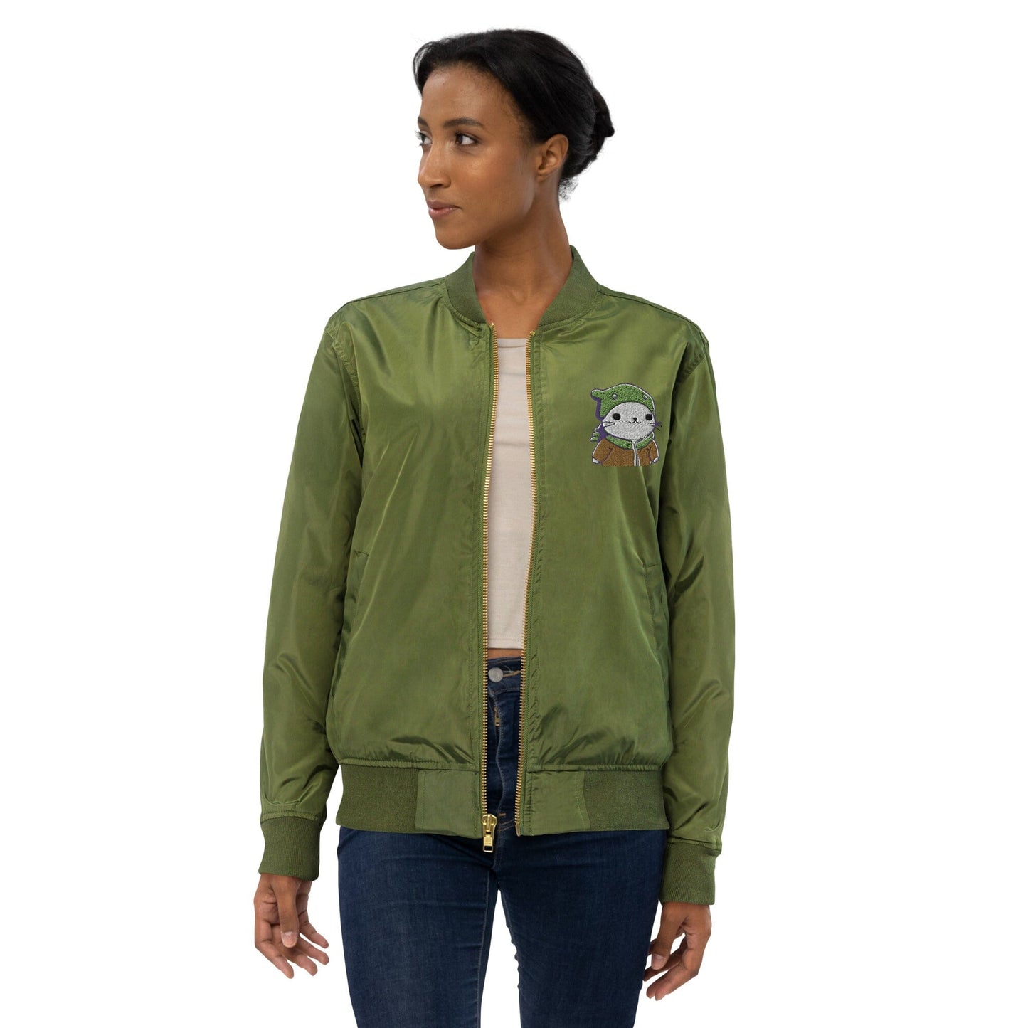 Silly Seal Bomb Dropper - Animal PFP Collection - Premium recycled bomber jacket JclustersShoppeofFineWares Army XS